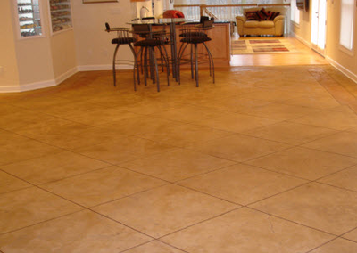 Tile style stamped concrete interior floor.